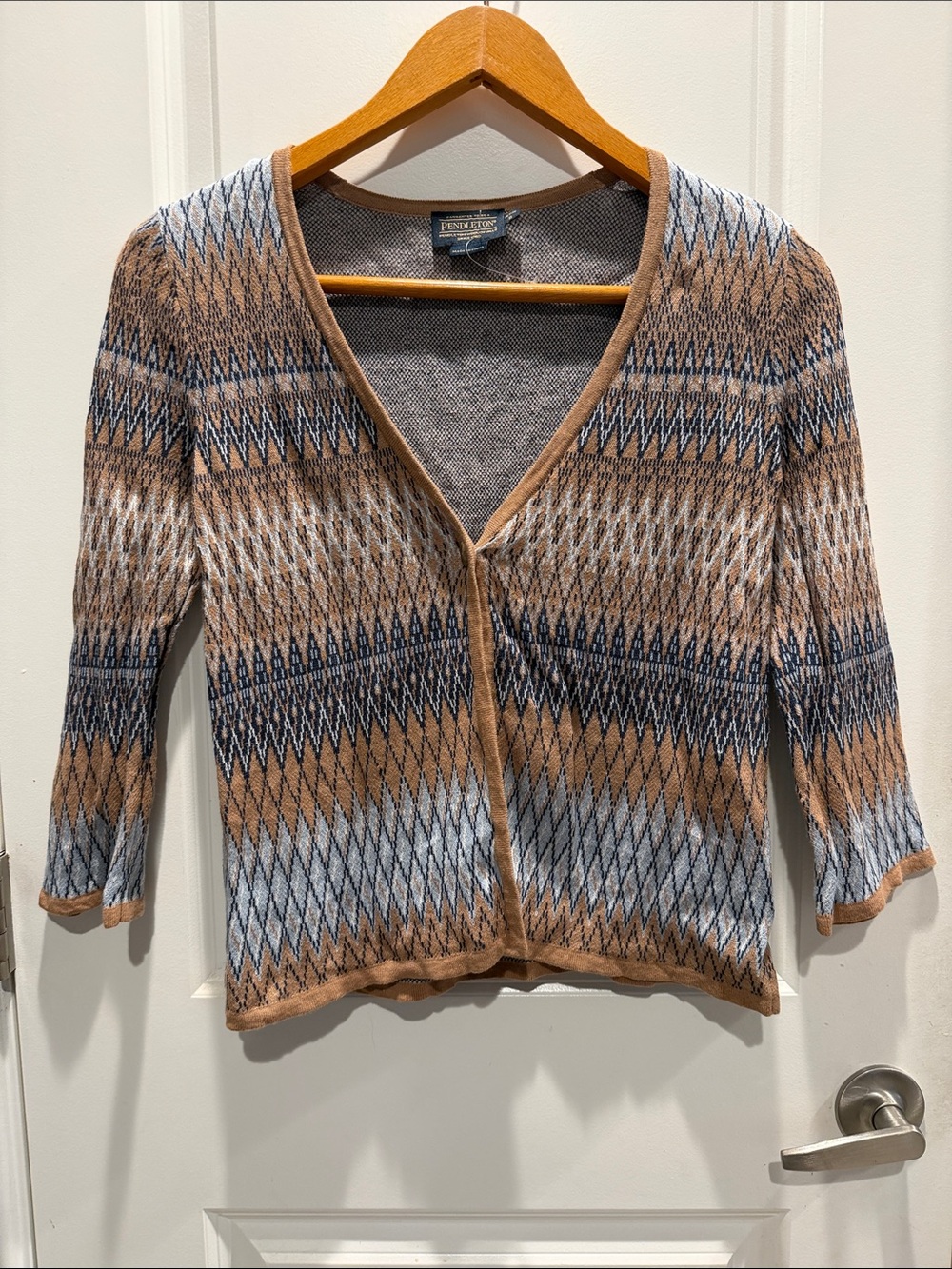 Pendleton Tan, Blue & Cream Geometric V-Neck Cardigan